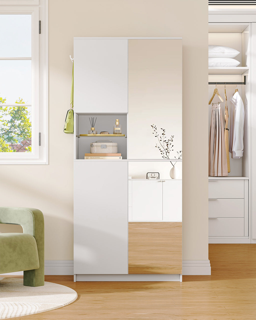 Hzuaneri shoe cabinet, tall, with mirrored door, push-to-open mechanism, adjustable shelves, holds 36-40 pairs of shoes, 2 hooks, open compartments, multi-purpose cabinet for hallway or entryway, 36 x 80 x 180 cm, white,SR62203X