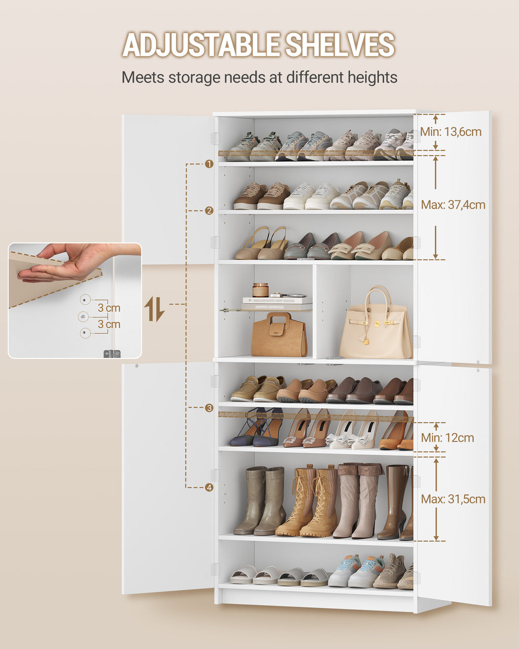Hzuaneri shoe cabinet, tall, with mirrored door, push-to-open mechanism, adjustable shelves, holds 36-40 pairs of shoes, 2 hooks, open compartments, multi-purpose cabinet for hallway or entryway, 36 x 80 x 180 cm, white,SR62203X