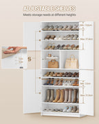 Hzuaneri shoe cabinet, tall, with mirrored door, push-to-open mechanism, adjustable shelves, holds 36-40 pairs of shoes, 2 hooks, open compartments, multi-purpose cabinet for hallway or entryway, 36 x 80 x 180 cm, white,SR62203X