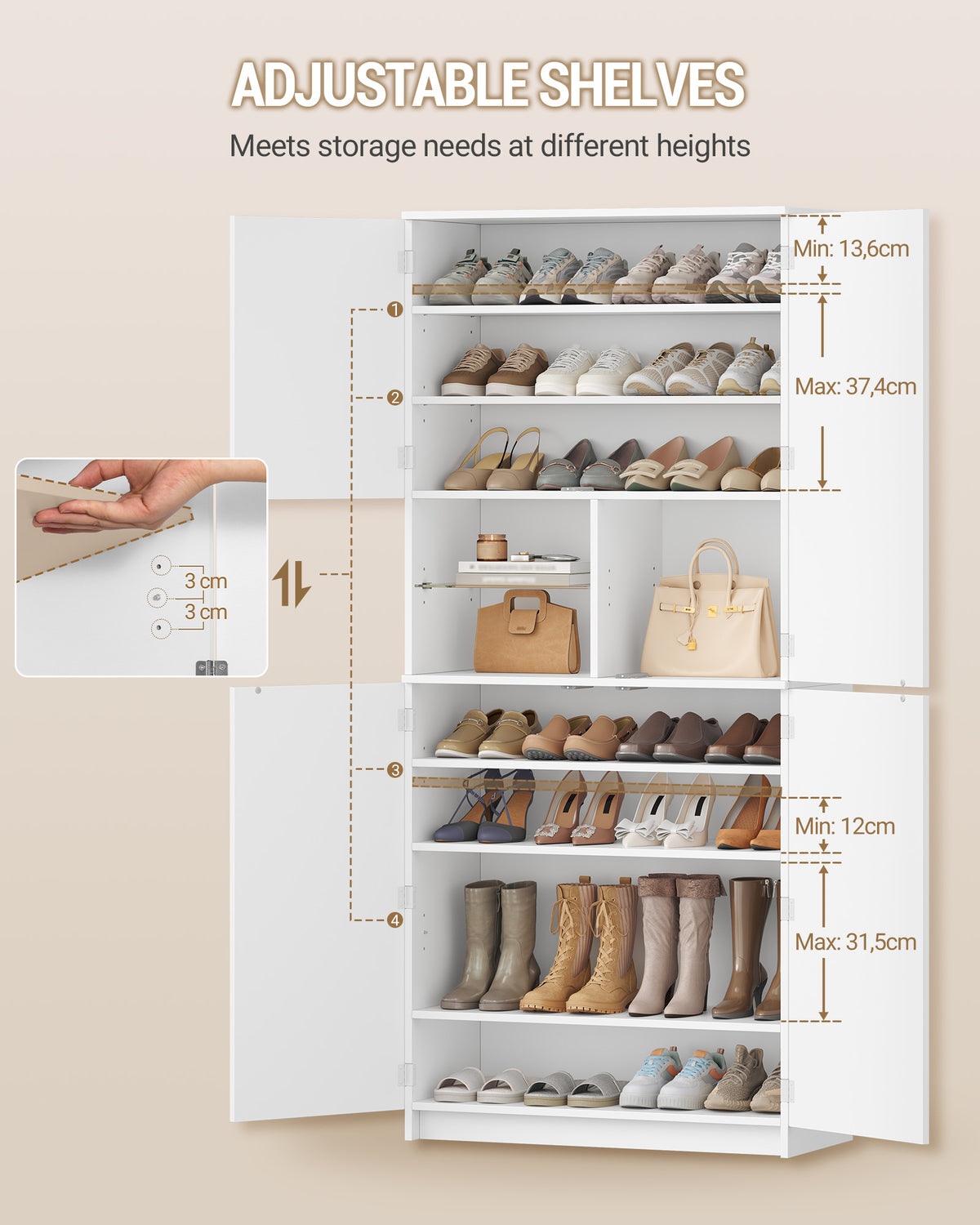 Hzuaneri shoe cabinet, tall, with mirrored door, push-to-open mechanism, adjustable shelves, holds 36-40 pairs of shoes, 2 hooks, open compartments, multi-purpose cabinet for hallway or entryway, 36 x 80 x 180 cm, white,SR62203X