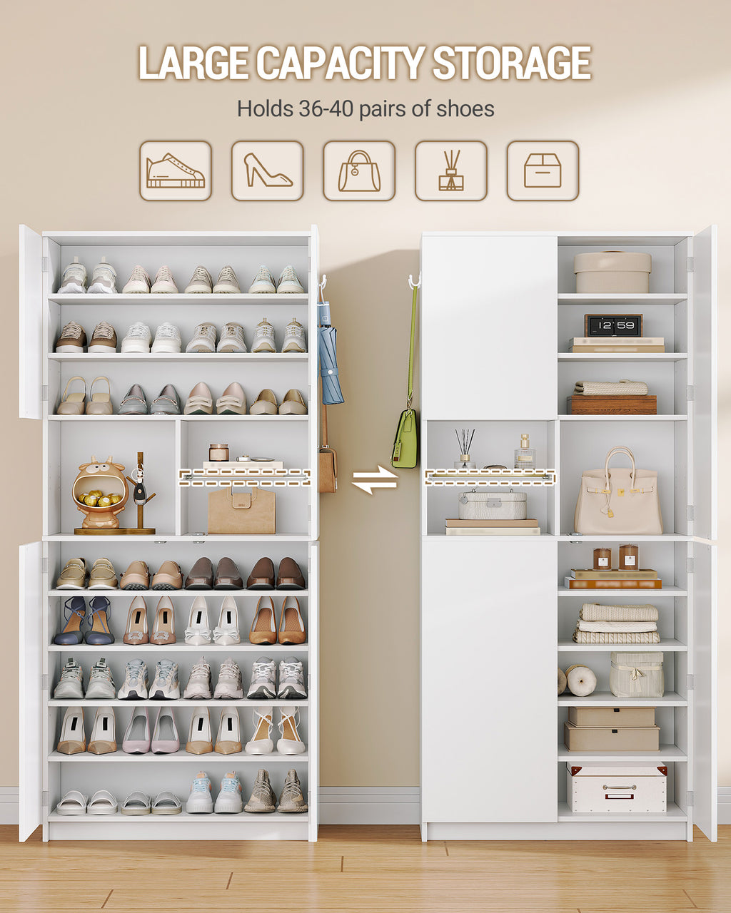 Hzuaneri shoe cabinet, tall, with mirrored door, push-to-open mechanism, adjustable shelves, holds 36-40 pairs of shoes, 2 hooks, open compartments, multi-purpose cabinet for hallway or entryway, 36 x 80 x 180 cm, white,SR62203X