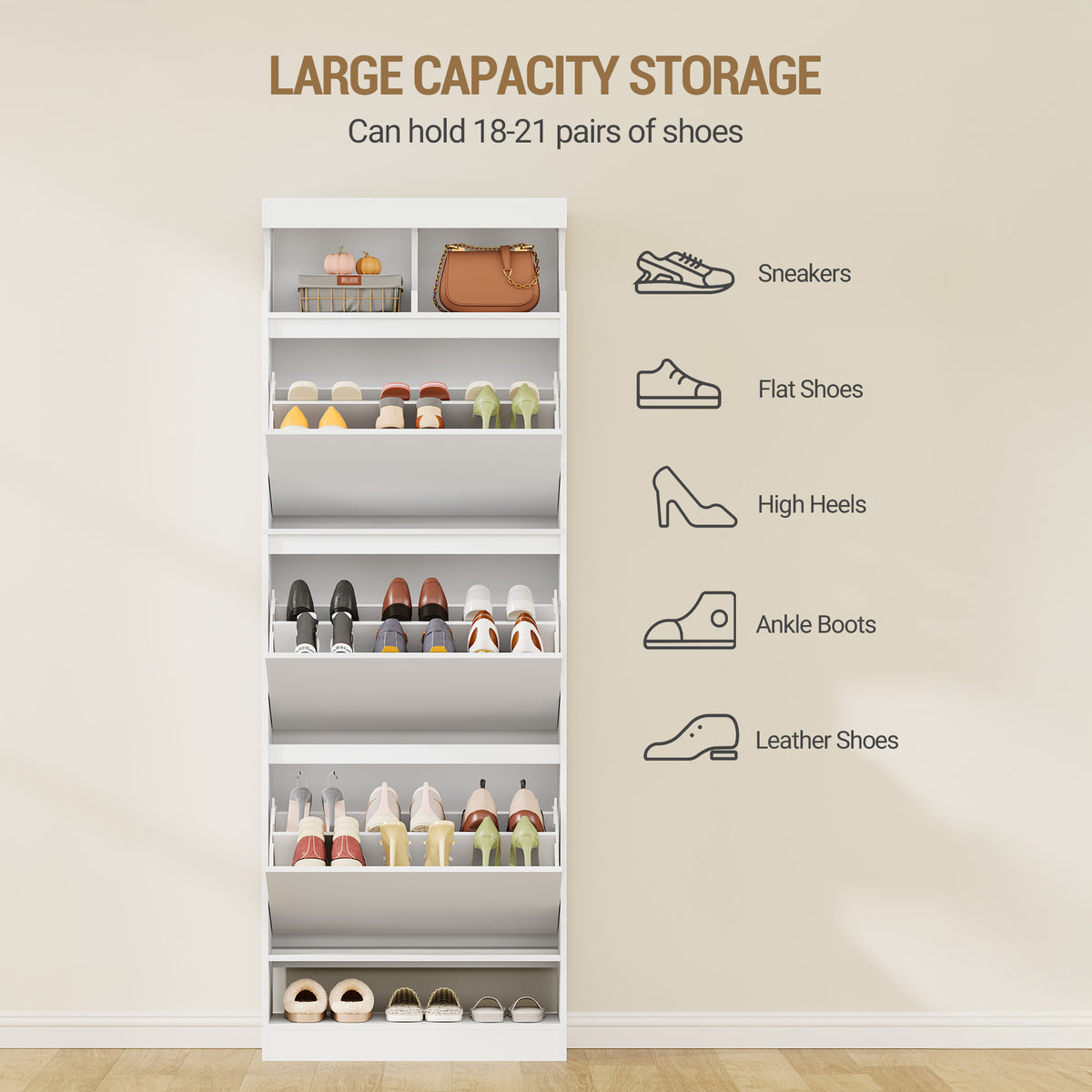 Hzuaneri Shoe Cabinet, Shoe Storage, Wooden Shoe Rack, Open Compartment, Adjustable Divider, 18-21 Pairs, Large Capacity for Hallway, Wardrobe, 3 Flaps (60 W cm), White SR63103X