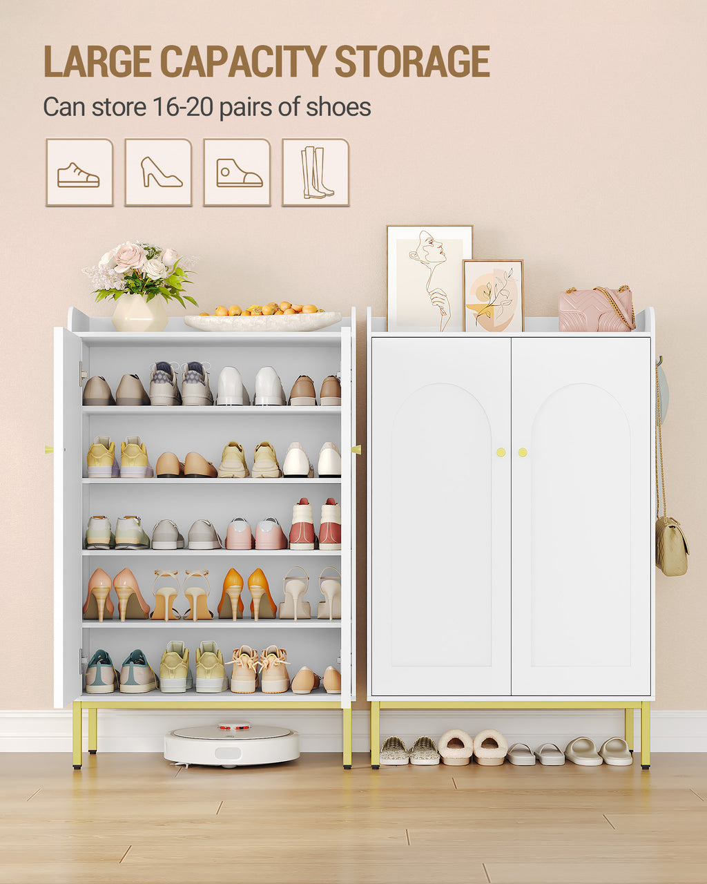 Hzuaneri Shoe Cabinet, Shoe Chest with 5 Levels, Adjustable Shelves, 16-20 Pairs, Gold Handle, Freestanding Shoe Cabinet for Entrance, Hallway, Wardrobe, 36 × 74 × 115 cm, White SR67803A