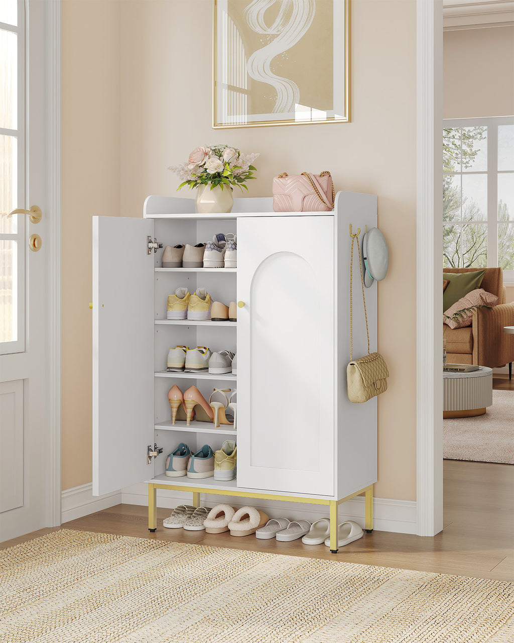 Hzuaneri Shoe Cabinet, Shoe Chest with 5 Levels, Adjustable Shelves, 16-20 Pairs, Gold Handle, Freestanding Shoe Cabinet for Entrance, Hallway, Wardrobe, 36 × 74 × 115 cm, White SR67803A