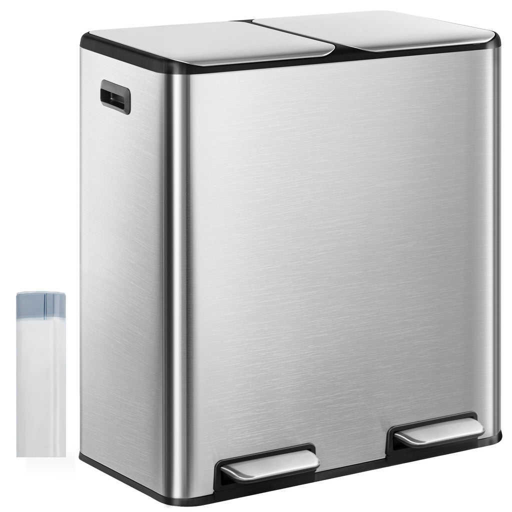 Hzuaneri Kitchen Trash Can, 2 x 30 L, 2-Compartment Waste Separation System 60 L, Stainless Steel Kitchen Trash Can, Pedal Bin, Quiet Slow-Descending Waste Bin, with 15 Exclusive Waste Bags, Silver SW06099E