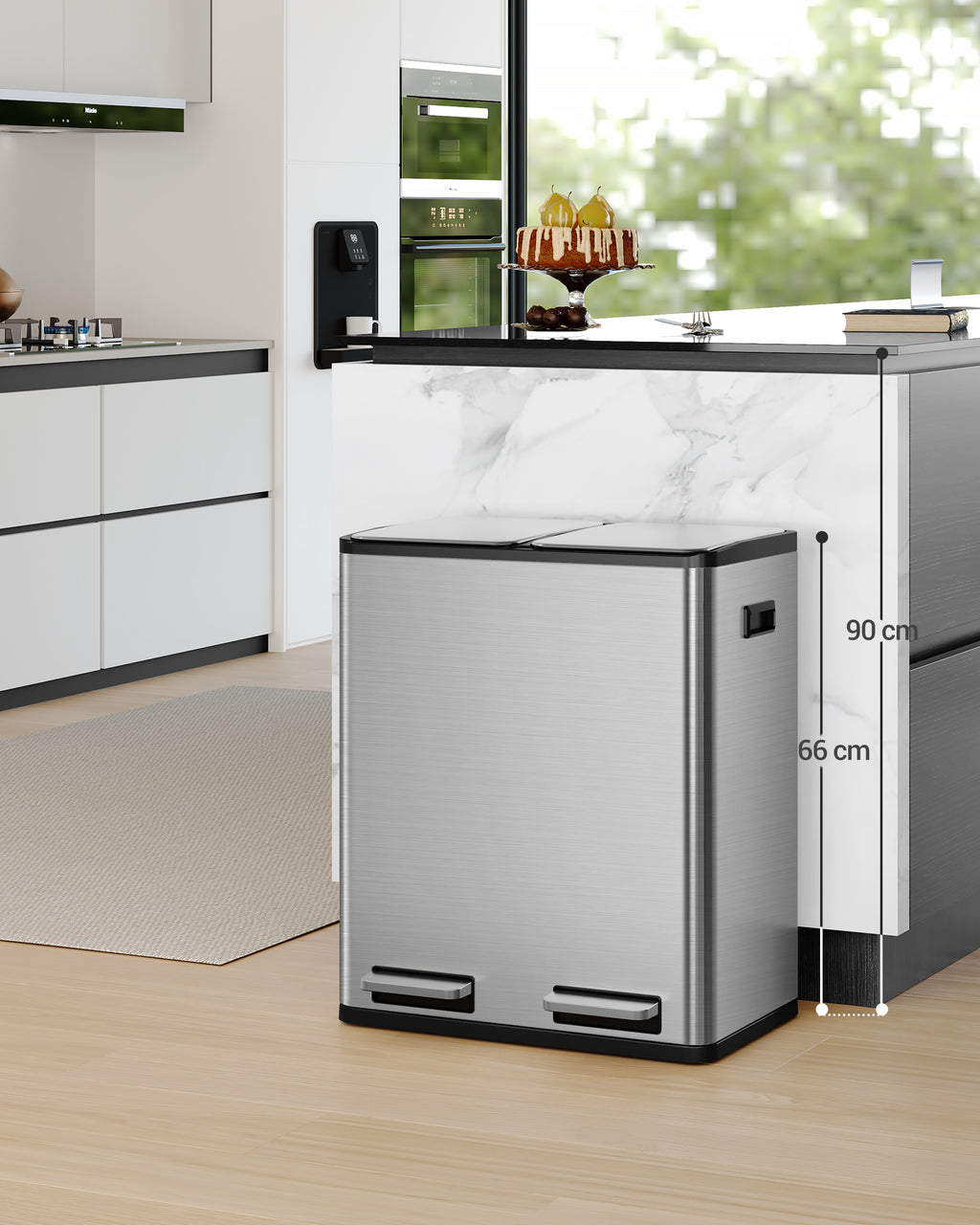 Hzuaneri Kitchen Trash Can, 2 x 30 L, 2-Compartment Waste Separation System 60 L, Stainless Steel Kitchen Trash Can, Pedal Bin, Quiet Slow-Descending Waste Bin, with 15 Exclusive Waste Bags, Silver SW06099E