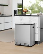 Hzuaneri Kitchen Trash Can, 2 x 30 L, 2-Compartment Waste Separation System 60 L, Stainless Steel Kitchen Trash Can, Pedal Bin, Quiet Slow-Descending Waste Bin, with 15 Exclusive Waste Bags, Silver SW06099E