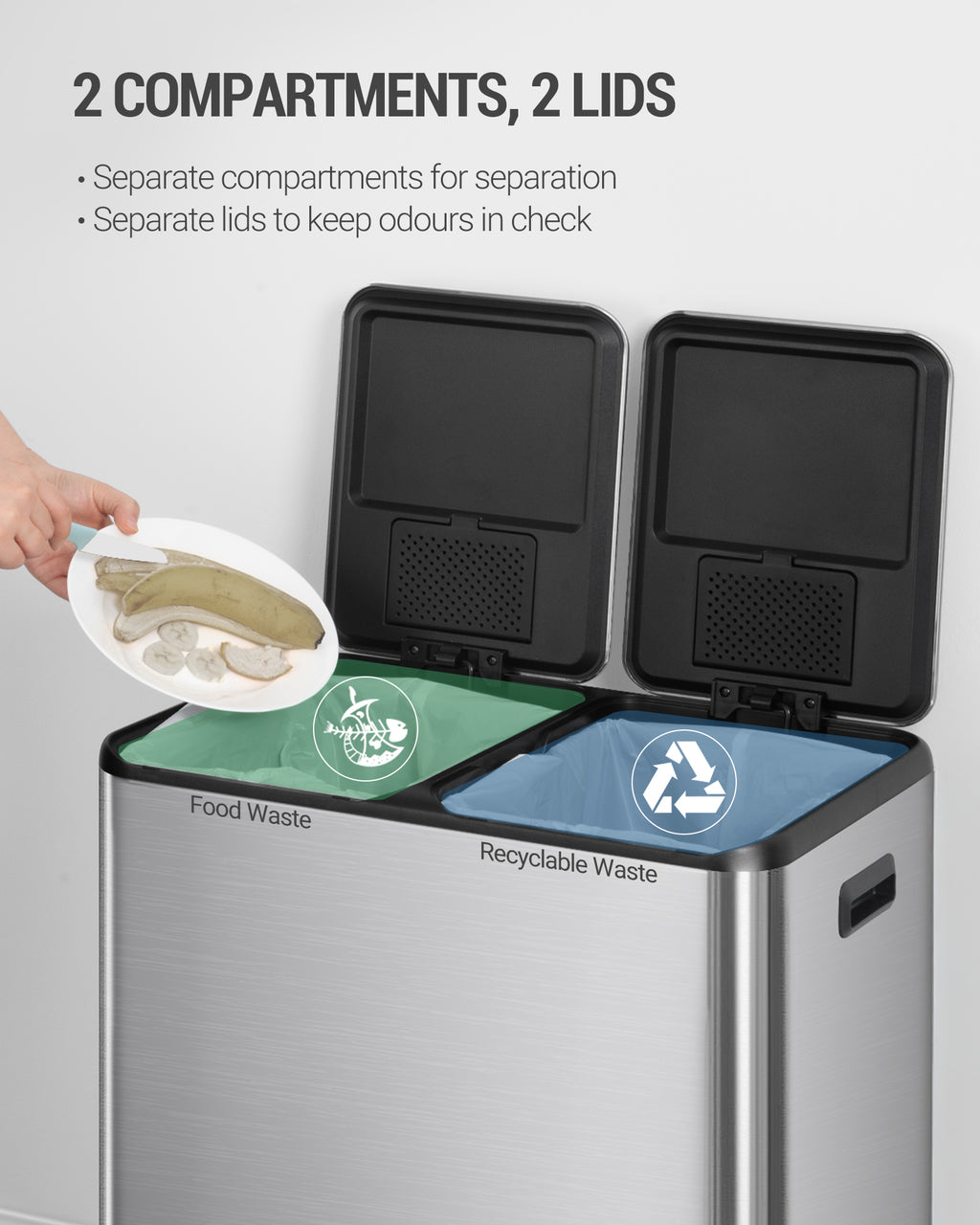 Hzuaneri Kitchen Trash Can, 2 x 30 L, 2-Compartment Waste Separation System 60 L, Stainless Steel Kitchen Trash Can, Pedal Bin, Quiet Slow-Descending Waste Bin, with 15 Exclusive Waste Bags, Silver SW06099E