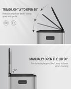 Hzuaneri Kitchen Trash Can, 2 x 30 L, 2-Compartment Waste Separation System 60 L, Stainless Steel Kitchen Trash Can, Pedal Bin, Quiet Slow-Descending Waste Bin, with 15 Exclusive Waste Bags, Silver SW06099E