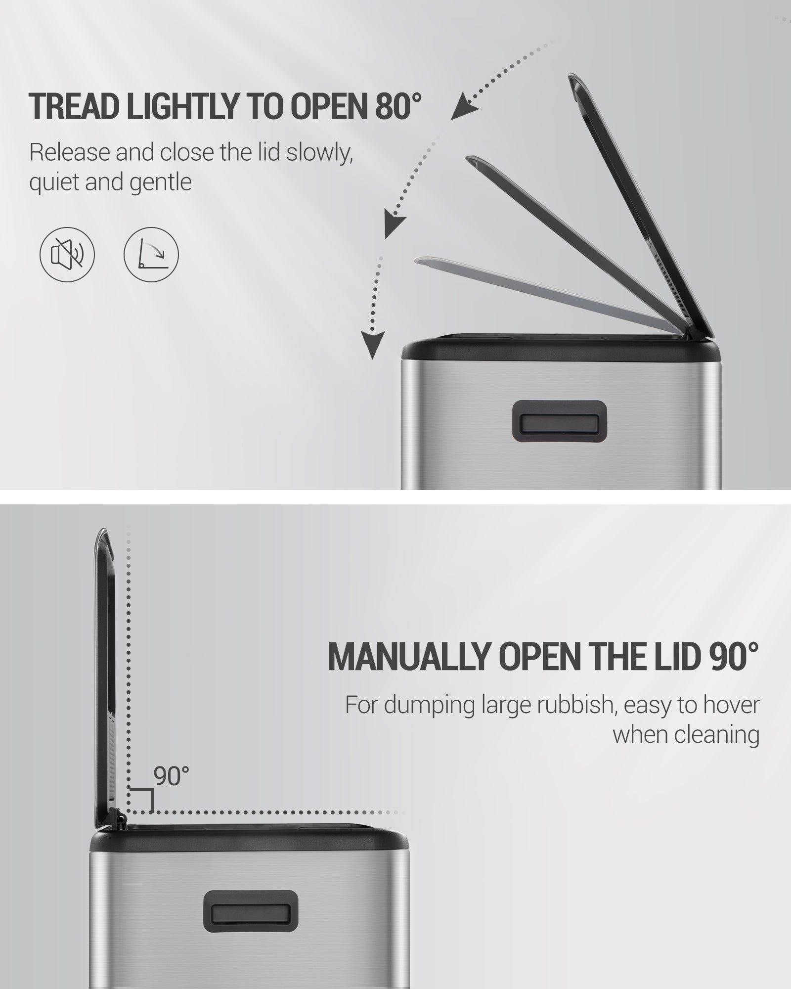 Hzuaneri Kitchen Trash Can, 2 x 30 L, 2-Compartment Waste Separation System 60 L, Stainless Steel Kitchen Trash Can, Pedal Bin, Quiet Slow-Descending Waste Bin, with 15 Exclusive Waste Bags, Silver SW06099E