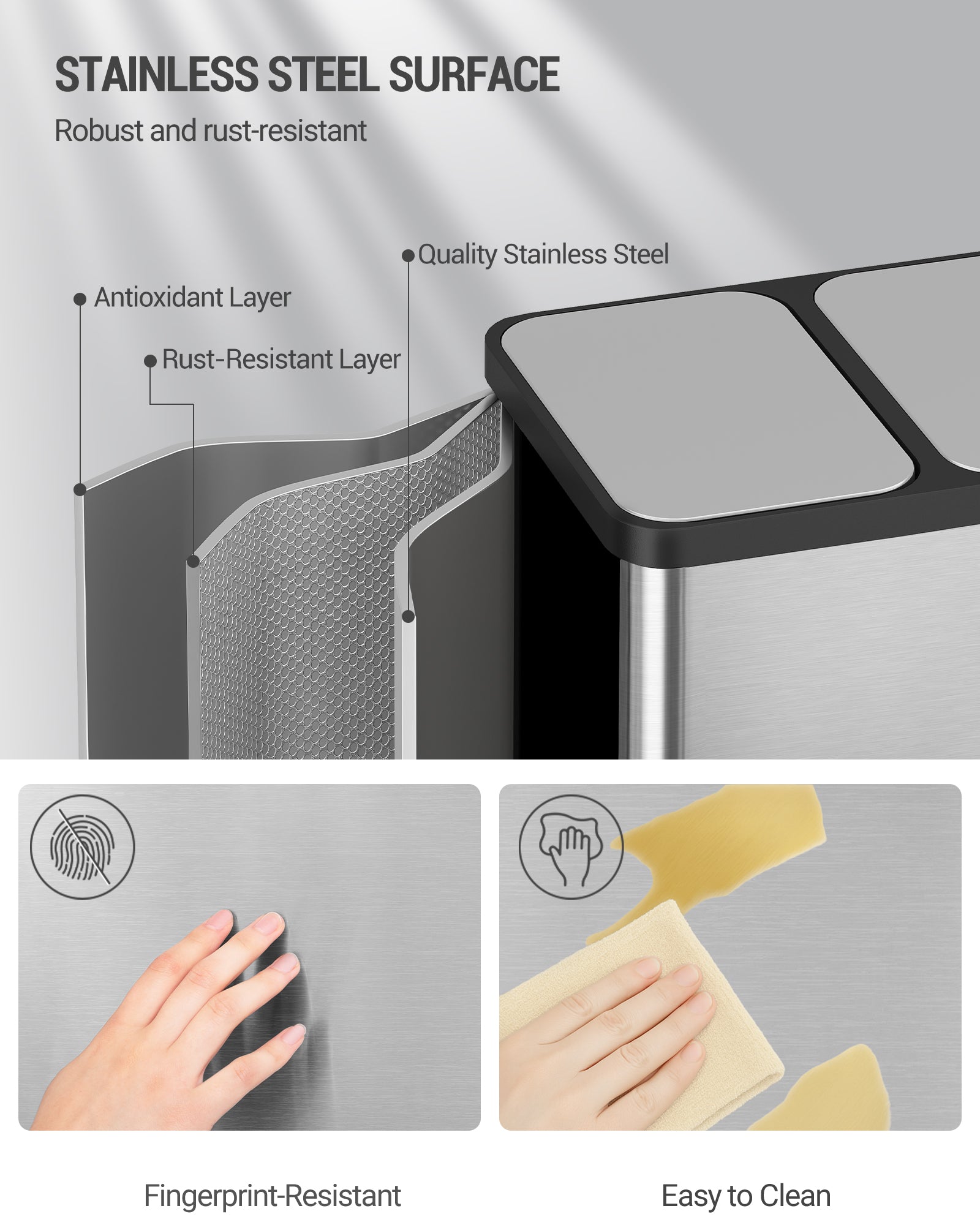 Hzuaneri Kitchen Trash Can, 2 x 30 L, 2-Compartment Waste Separation System 60 L, Stainless Steel Kitchen Trash Can, Pedal Bin, Quiet Slow-Descending Waste Bin, with 15 Exclusive Waste Bags, Silver SW06099E