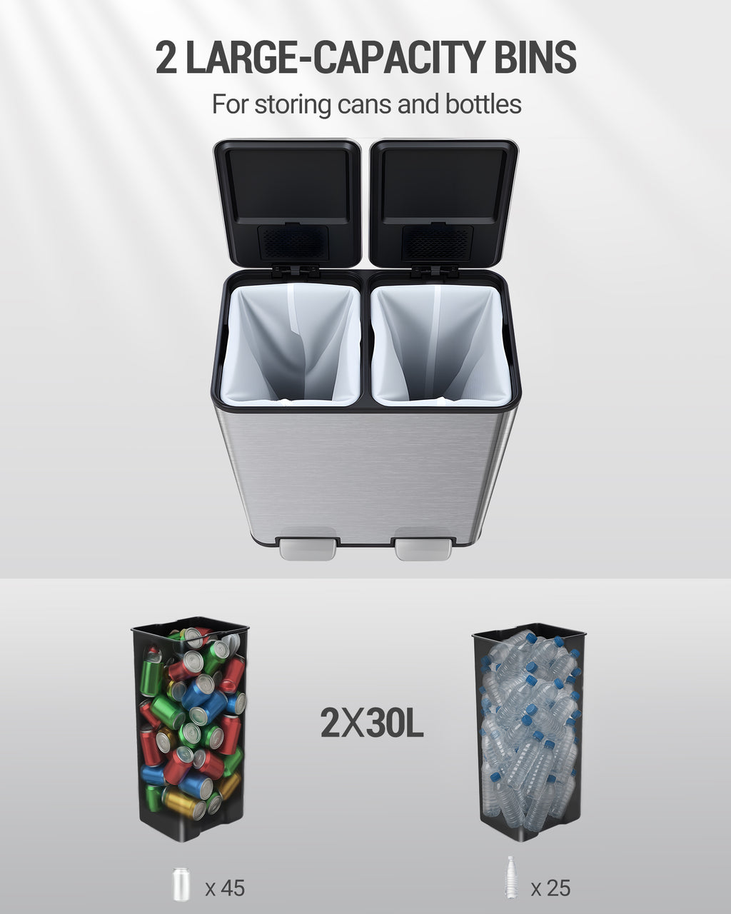 Hzuaneri Kitchen Trash Can, 2 x 30 L, 2-Compartment Waste Separation System 60 L, Stainless Steel Kitchen Trash Can, Pedal Bin, Quiet Slow-Descending Waste Bin, with 15 Exclusive Waste Bags, Silver SW06099E