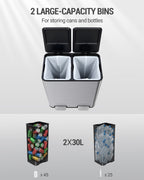 Hzuaneri Kitchen Trash Can, 2 x 30 L, 2-Compartment Waste Separation System 60 L, Stainless Steel Kitchen Trash Can, Pedal Bin, Quiet Slow-Descending Waste Bin, with 15 Exclusive Waste Bags, Silver SW06099E