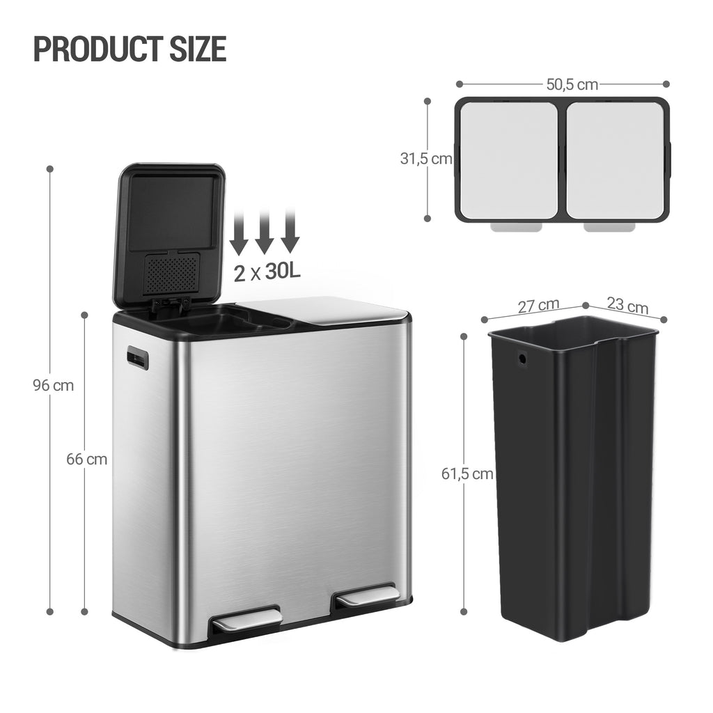 Hzuaneri Kitchen Trash Can, 2 x 30 L, 2-Compartment Waste Separation System 60 L, Stainless Steel Kitchen Trash Can, Pedal Bin, Quiet Slow-Descending Waste Bin, with 15 Exclusive Waste Bags, Silver SW06099E