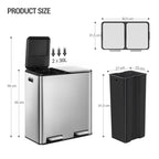 Hzuaneri Kitchen Trash Can, 2 x 30 L, 2-Compartment Waste Separation System 60 L, Stainless Steel Kitchen Trash Can, Pedal Bin, Quiet Slow-Descending Waste Bin, with 15 Exclusive Waste Bags, Silver SW06099E