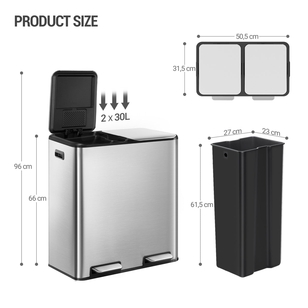 Hzuaneri Kitchen Trash Can, 2 x 30 L, 2-Compartment Waste Separation System 60 L, Stainless Steel Kitchen Trash Can, Pedal Bin, Quiet Slow-Descending Waste Bin, with 15 Exclusive Waste Bags, Silver SW06099E