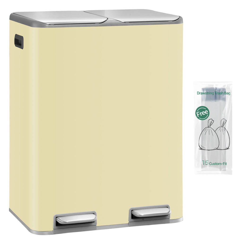 Hzuaneri Kitchen Trash Can, 2 x 30 L, 2-Compartment Waste Separation System 60 L, Stainless Steel Kitchen Trash Can, Pedal Bin, Quiet Slow-Descending Waste Bin, with 15 Exclusive Waste Bags, Beige SW06099Y