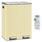 Hzuaneri Kitchen Trash Can, 2 x 30 L, 2-Compartment Waste Separation System 60 L, Stainless Steel Kitchen Trash Can, Pedal Bin, Quiet Slow-Descending Waste Bin, with 15 Exclusive Waste Bags, Beige SW06099Y
