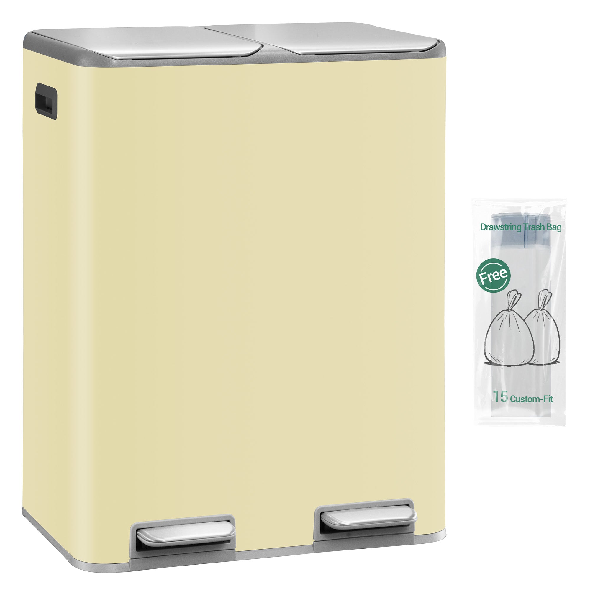 Hzuaneri Kitchen Trash Can, 2 x 30 L, 2-Compartment Waste Separation System 60 L, Stainless Steel Kitchen Trash Can, Pedal Bin, Quiet Slow-Descending Waste Bin, with 15 Exclusive Waste Bags, Beige SW06099Y