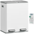 Hzuaneri Kitchen Trash Can, 2 x 30 L, 2-Compartment Waste Separation System 60 L, Stainless Steel Kitchen Trash Can, Pedal Bin, Quiet Slow-Descending Waste Bin, with 15 Exclusive Waste Bags, White SW06099W