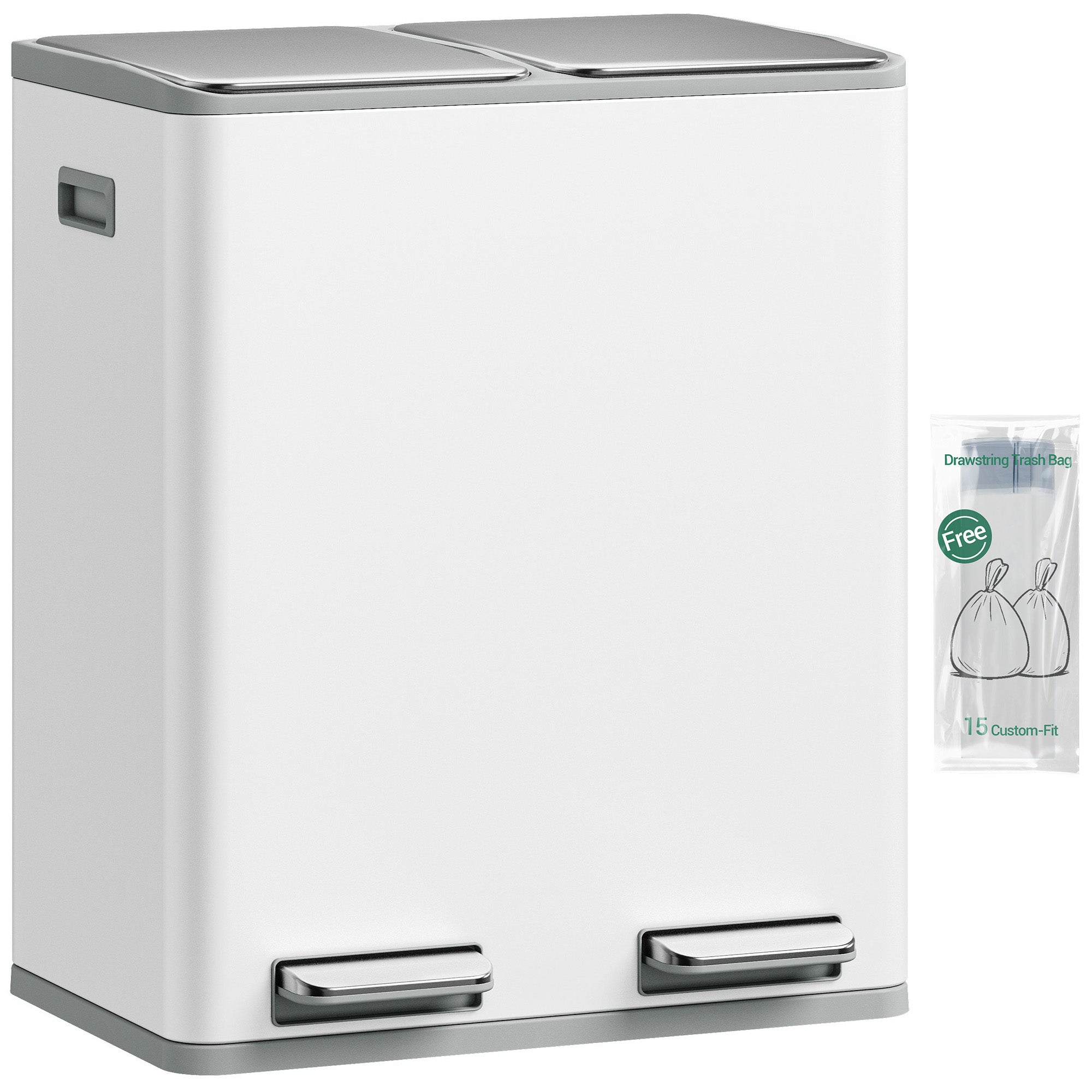 Hzuaneri Kitchen Trash Can, 2 x 30 L, 2-Compartment Waste Separation System 60 L, Stainless Steel Kitchen Trash Can, Pedal Bin, Quiet Slow-Descending Waste Bin, with 15 Exclusive Waste Bags, White SW06099W