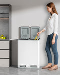 Hzuaneri Kitchen Trash Can, 2 x 30 L, 2-Compartment Waste Separation System 60 L, Stainless Steel Kitchen Trash Can, Pedal Bin, Quiet Slow-Descending Waste Bin, with 15 Exclusive Waste Bags, White SW06099W