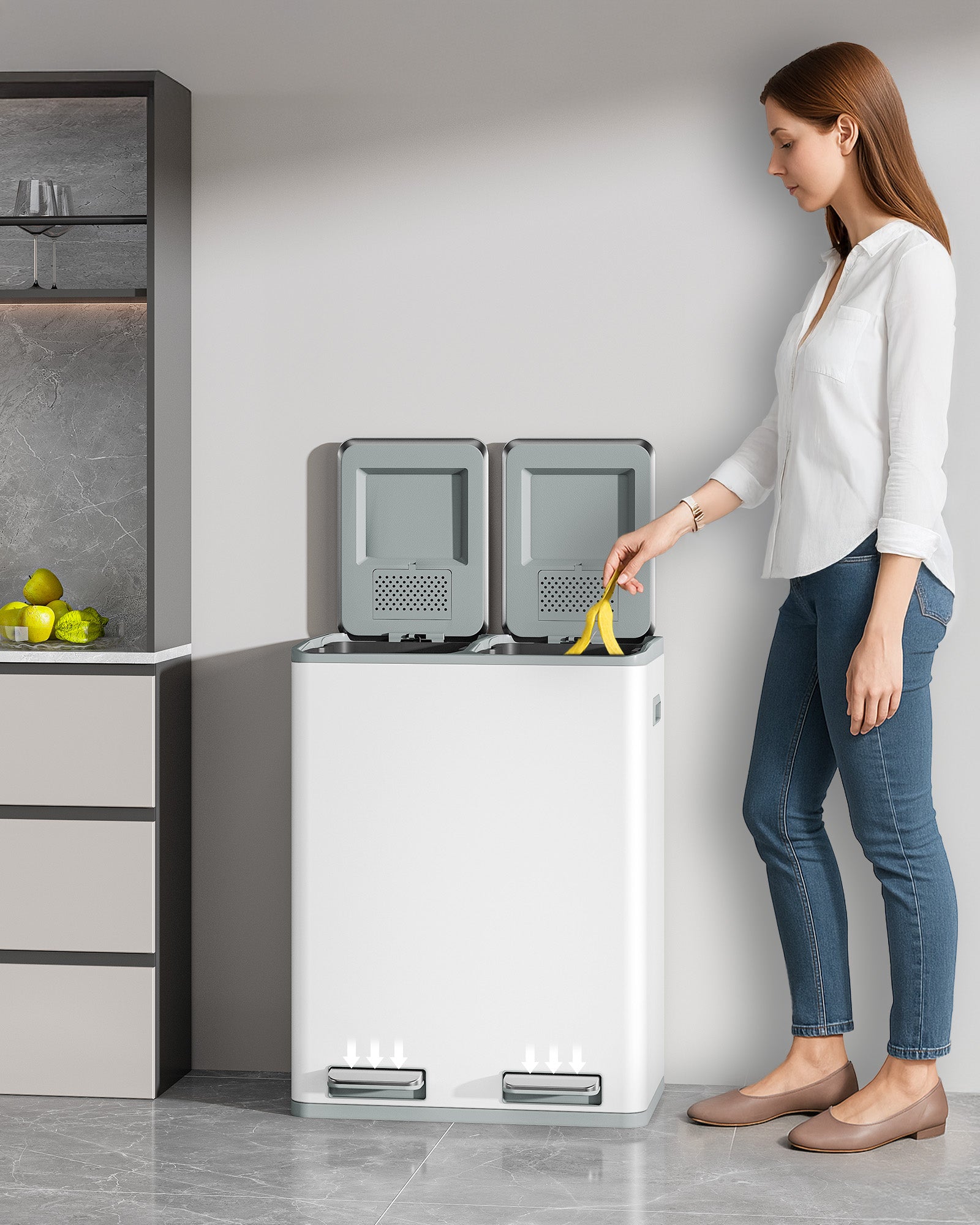 Hzuaneri Kitchen Trash Can, 2 x 30 L, 2-Compartment Waste Separation System 60 L, Stainless Steel Kitchen Trash Can, Pedal Bin, Quiet Slow-Descending Waste Bin, with 15 Exclusive Waste Bags, White SW06099W
