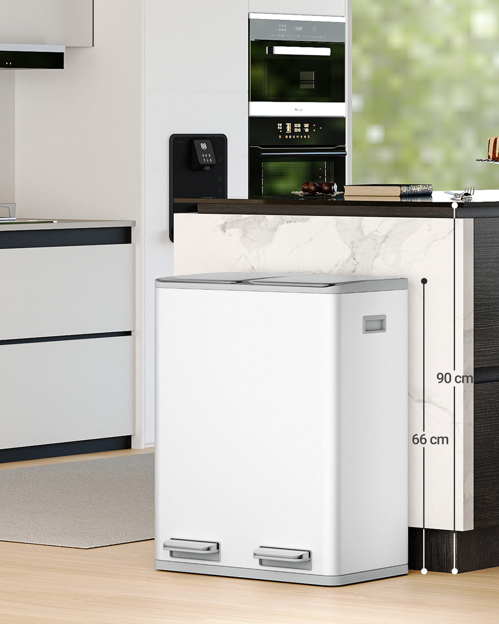 Hzuaneri Kitchen Trash Can, 2 x 30 L, 2-Compartment Waste Separation System 60 L, Stainless Steel Kitchen Trash Can, Pedal Bin, Quiet Slow-Descending Waste Bin, with 15 Exclusive Waste Bags, White SW06099W