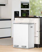 Hzuaneri Kitchen Trash Can, 2 x 30 L, 2-Compartment Waste Separation System 60 L, Stainless Steel Kitchen Trash Can, Pedal Bin, Quiet Slow-Descending Waste Bin, with 15 Exclusive Waste Bags, White SW06099W