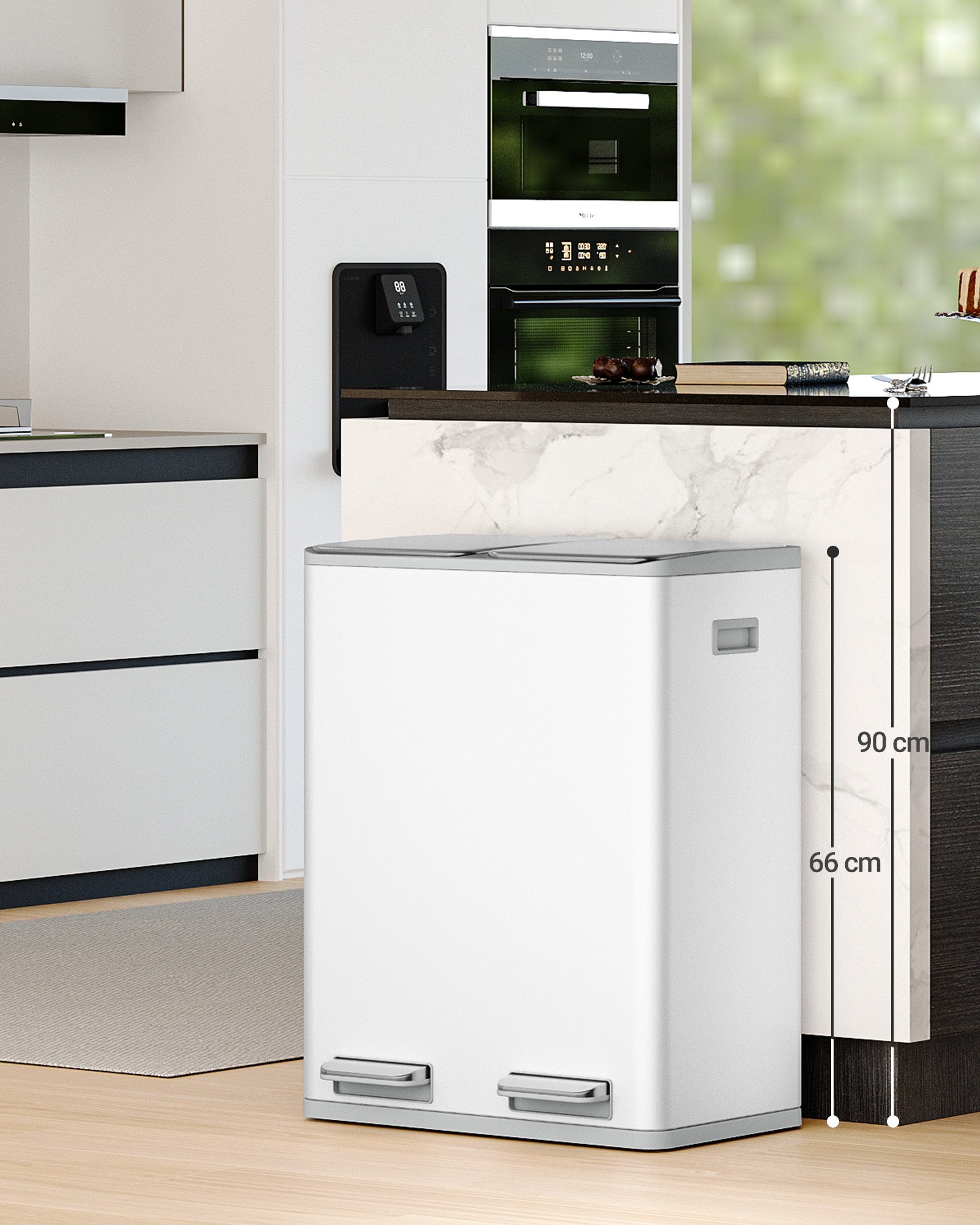 Hzuaneri Kitchen Trash Can, 2 x 30 L, 2-Compartment Waste Separation System 60 L, Stainless Steel Kitchen Trash Can, Pedal Bin, Quiet Slow-Descending Waste Bin, with 15 Exclusive Waste Bags, White SW06099W