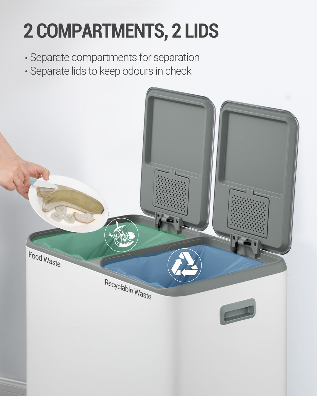 Hzuaneri Kitchen Trash Can, 2 x 30 L, 2-Compartment Waste Separation System 60 L, Stainless Steel Kitchen Trash Can, Pedal Bin, Quiet Slow-Descending Waste Bin, with 15 Exclusive Waste Bags, White SW06099W
