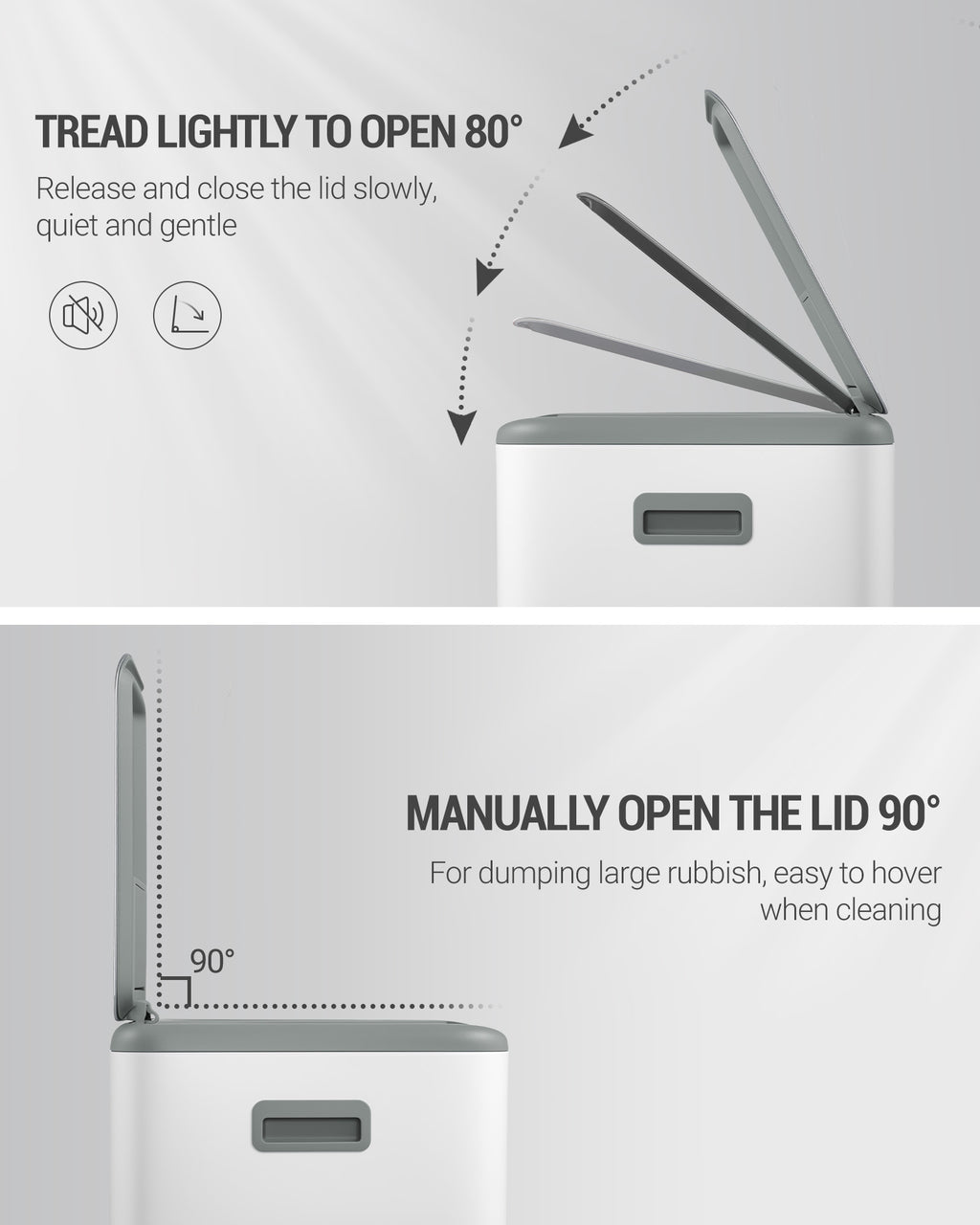 Hzuaneri Kitchen Trash Can, 2 x 30 L, 2-Compartment Waste Separation System 60 L, Stainless Steel Kitchen Trash Can, Pedal Bin, Quiet Slow-Descending Waste Bin, with 15 Exclusive Waste Bags, White SW06099W