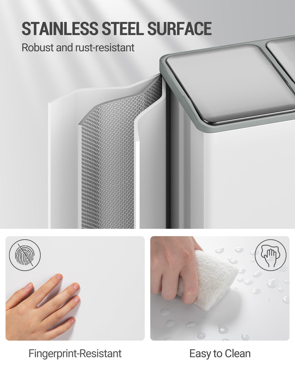 Hzuaneri Kitchen Trash Can, 2 x 30 L, 2-Compartment Waste Separation System 60 L, Stainless Steel Kitchen Trash Can, Pedal Bin, Quiet Slow-Descending Waste Bin, with 15 Exclusive Waste Bags, White SW06099W