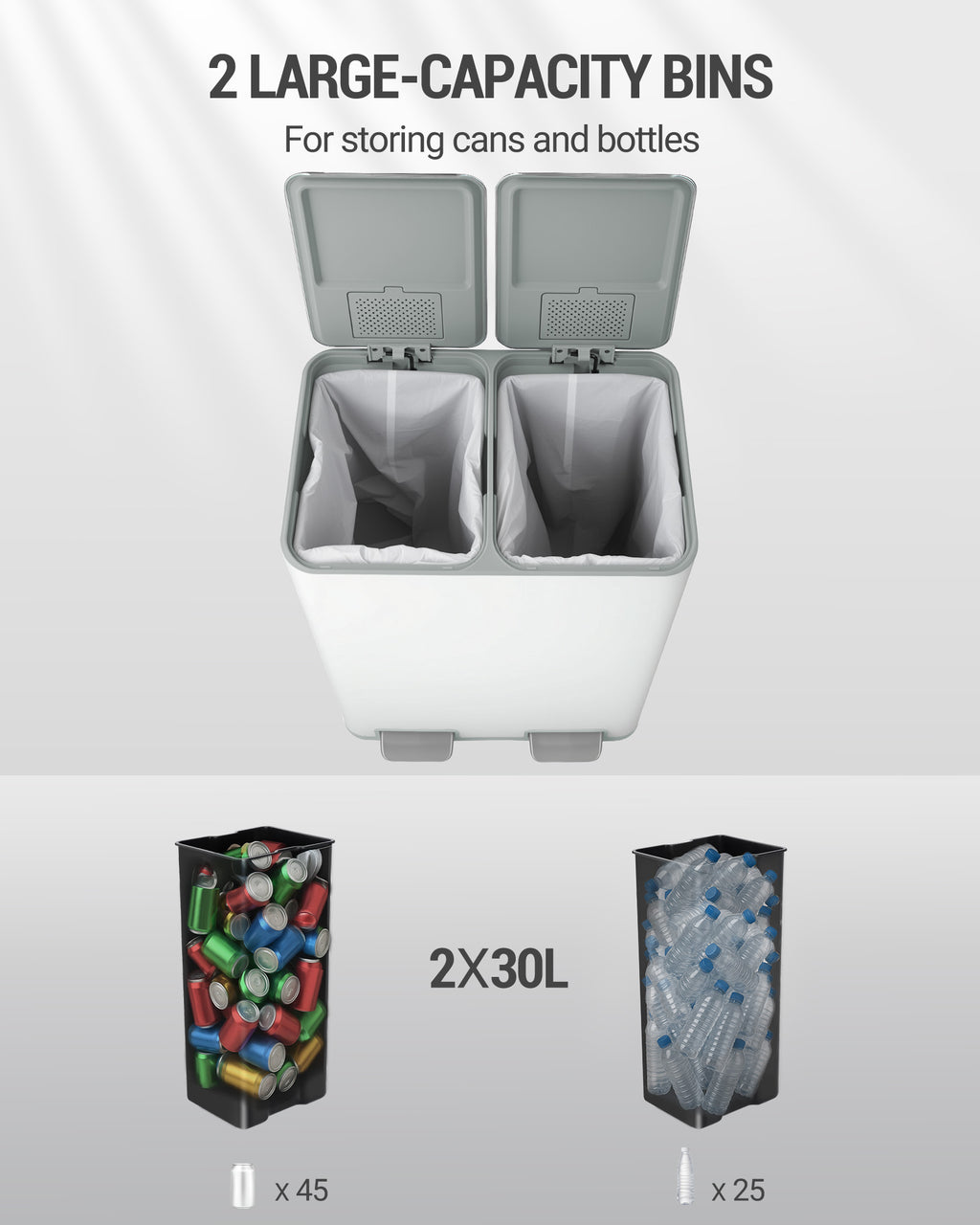 Hzuaneri Kitchen Trash Can, 2 x 30 L, 2-Compartment Waste Separation System 60 L, Stainless Steel Kitchen Trash Can, Pedal Bin, Quiet Slow-Descending Waste Bin, with 15 Exclusive Waste Bags, White SW06099W
