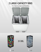 Hzuaneri Kitchen Trash Can, 2 x 30 L, 2-Compartment Waste Separation System 60 L, Stainless Steel Kitchen Trash Can, Pedal Bin, Quiet Slow-Descending Waste Bin, with 15 Exclusive Waste Bags, White SW06099W