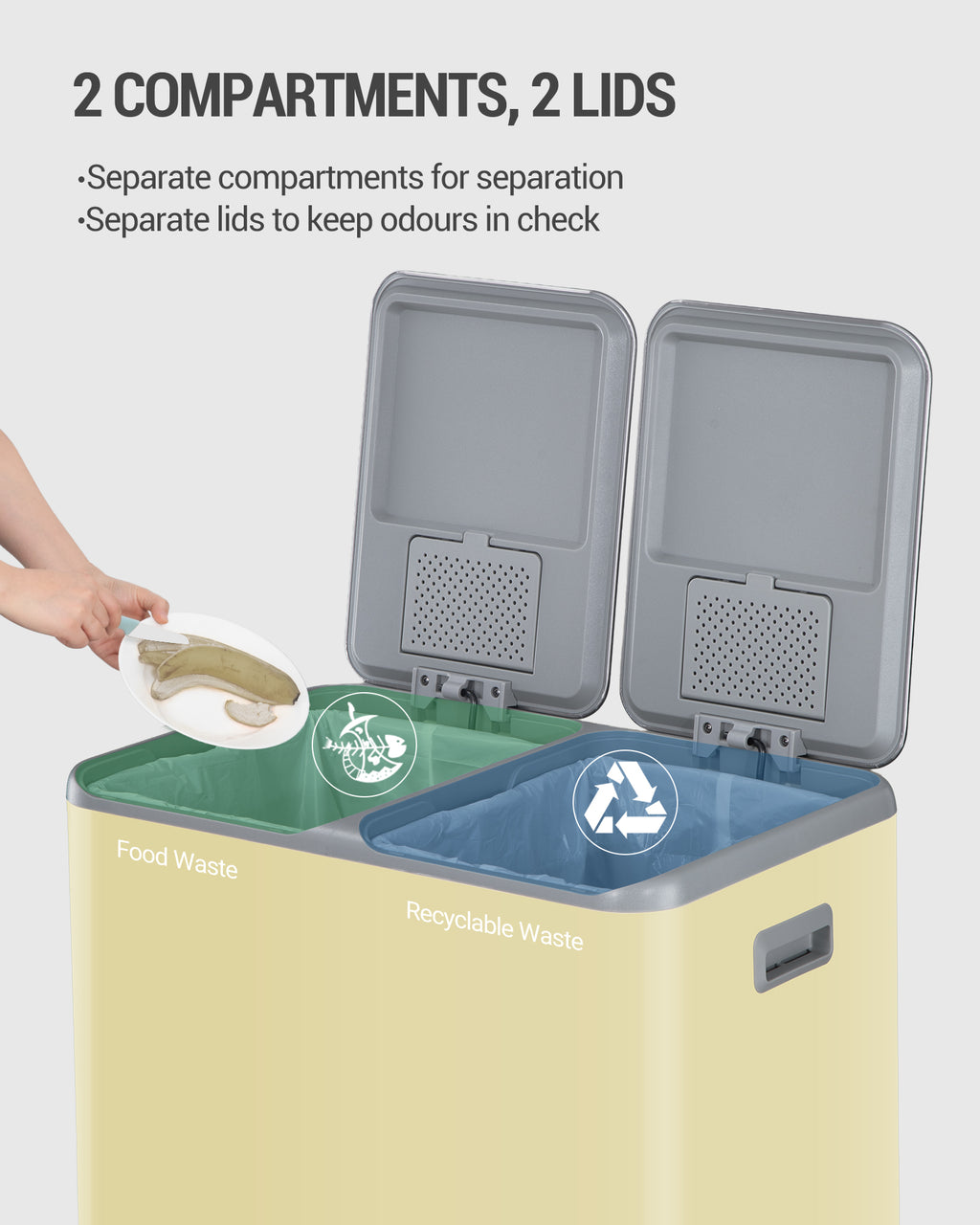 Hzuaneri Kitchen Trash Can, 2 x 30 L, 2-Compartment Waste Separation System 60 L, Stainless Steel Kitchen Trash Can, Pedal Bin, Quiet Slow-Descending Waste Bin, with 15 Exclusive Waste Bags, Beige SW06099Y