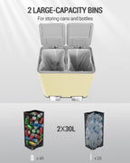 Hzuaneri Kitchen Trash Can, 2 x 30 L, 2-Compartment Waste Separation System 60 L, Stainless Steel Kitchen Trash Can, Pedal Bin, Quiet Slow-Descending Waste Bin, with 15 Exclusive Waste Bags, Beige SW06099Y