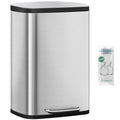 Hzuaneri 50L Kitchen Bin, Steel Pedal Bin with Soft-Close Lid, Inner Bucket, with 15 Bin Bags, Soft Close and Stay Open, Silver SW15099E