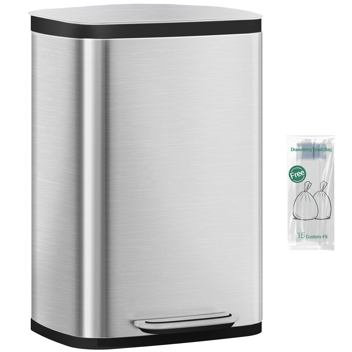 Hzuaneri 50L Kitchen Bin, Steel Pedal Bin with Soft-Close Lid, Inner Bucket, with 15 Bin Bags, Soft Close and Stay Open, Silver SW15099E