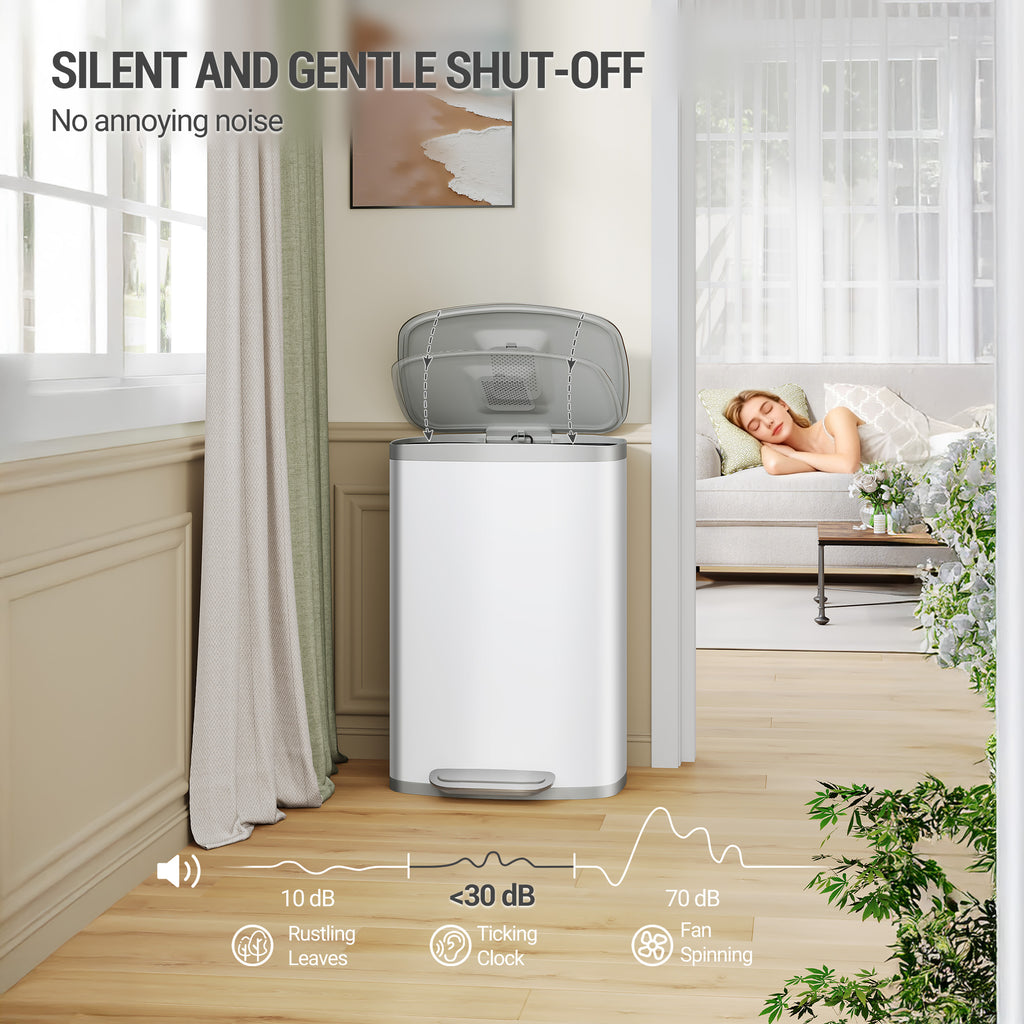 Hzuaneri Kitchen Bin 50 L, Pedal Bin with Soft-Close Lid, Stainless Steel Rubbish Bin with Handle, Removable Inner Buckets, 15 Inner Buckets, White SW15099W