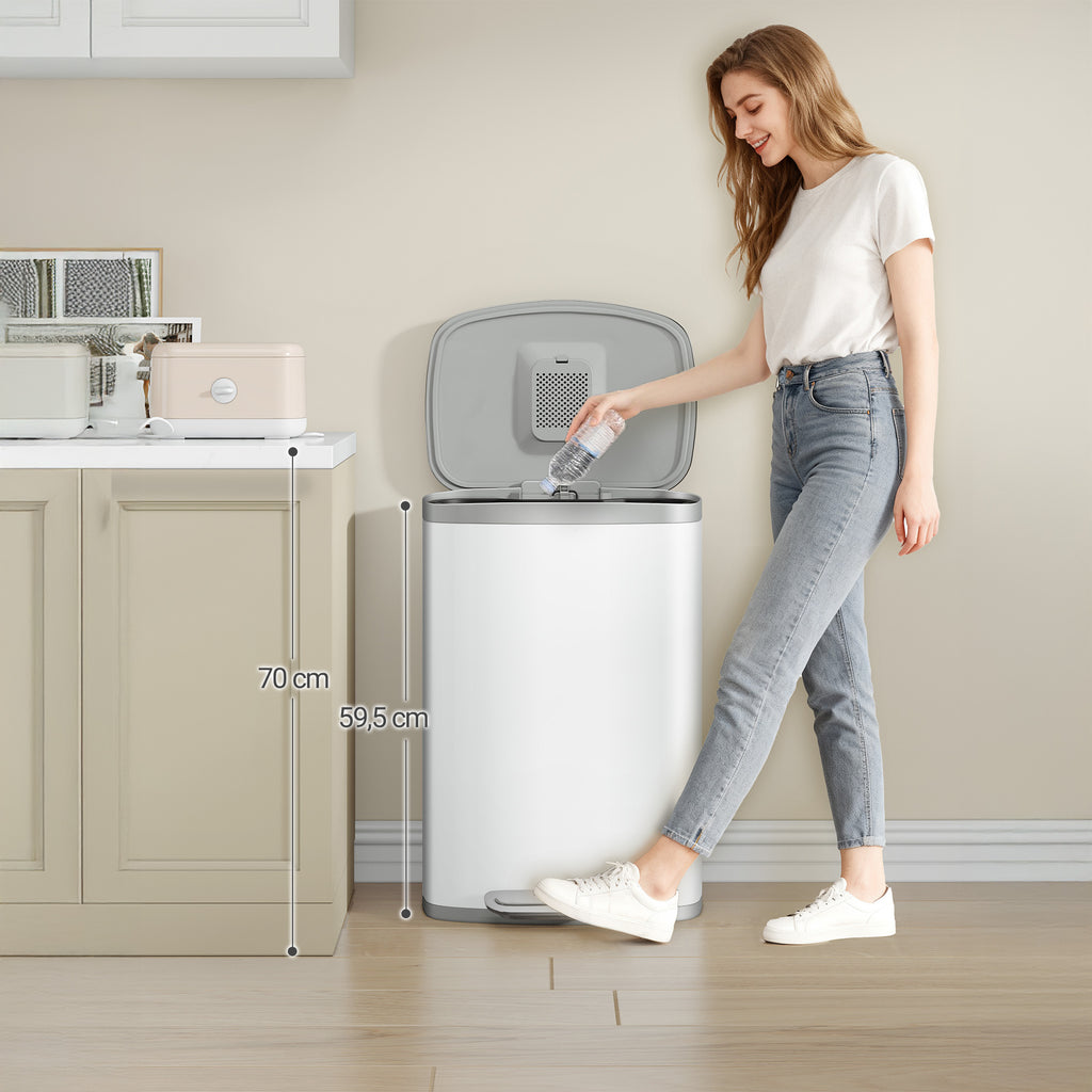 Hzuaneri Kitchen Bin 50 L, Pedal Bin with Soft-Close Lid, Stainless Steel Rubbish Bin with Handle, Removable Inner Buckets, 15 Inner Buckets, White SW15099W