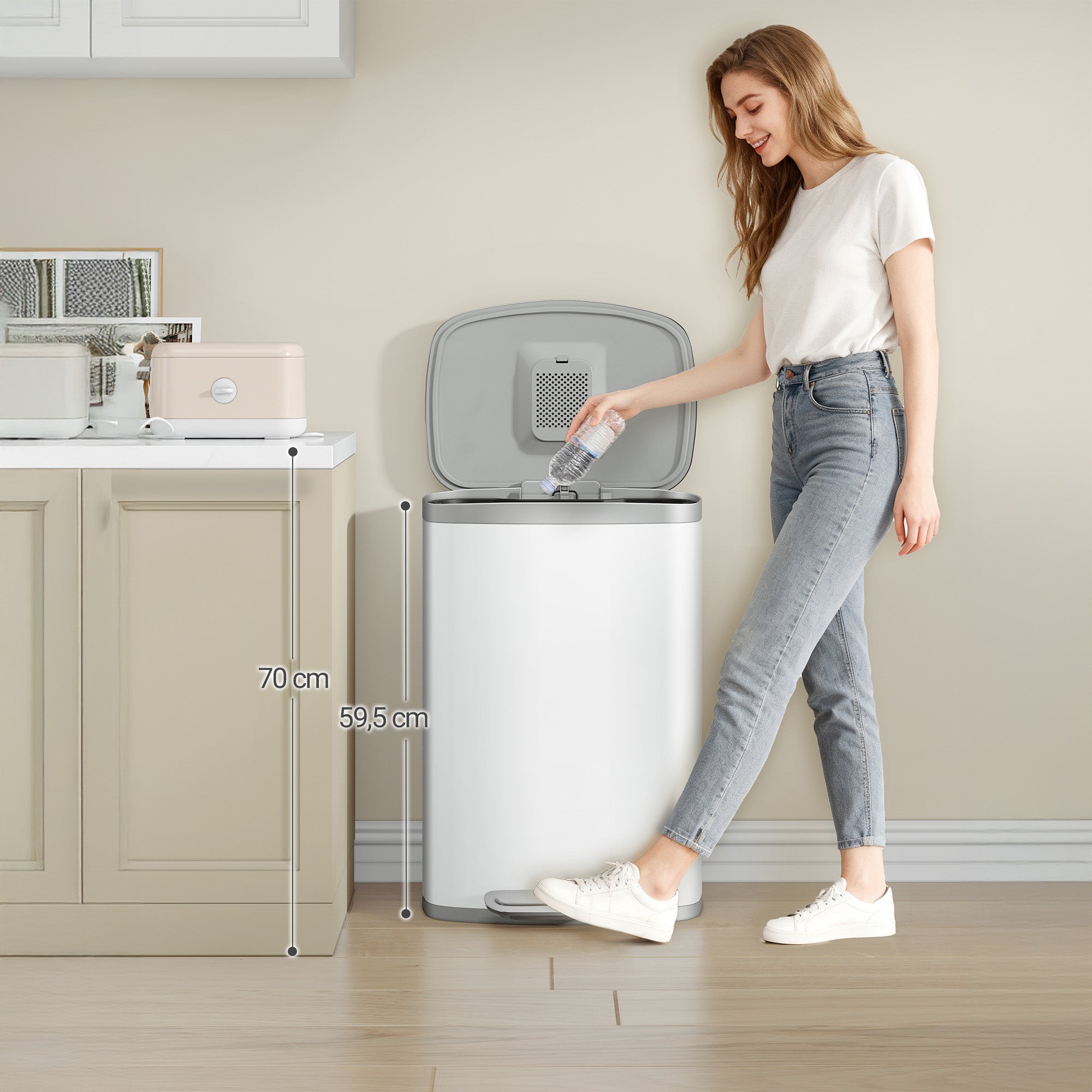 Hzuaneri Kitchen Bin 50 L, Pedal Bin with Soft-Close Lid, Stainless Steel Rubbish Bin with Handle, Removable Inner Buckets, 15 Inner Buckets, White SW15099W