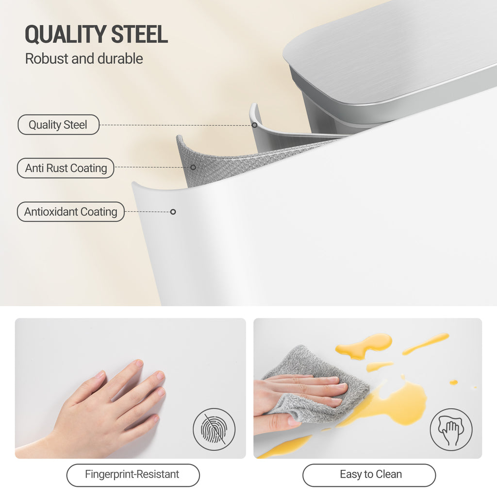 Hzuaneri Kitchen Bin 50 L, Pedal Bin with Soft-Close Lid, Stainless Steel Rubbish Bin with Handle, Removable Inner Buckets, 15 Inner Buckets, White SW15099W