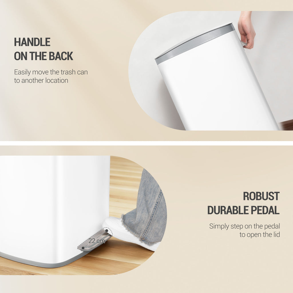 Hzuaneri Kitchen Bin 50 L, Pedal Bin with Soft-Close Lid, Stainless Steel Rubbish Bin with Handle, Removable Inner Buckets, 15 Inner Buckets, White SW15099W