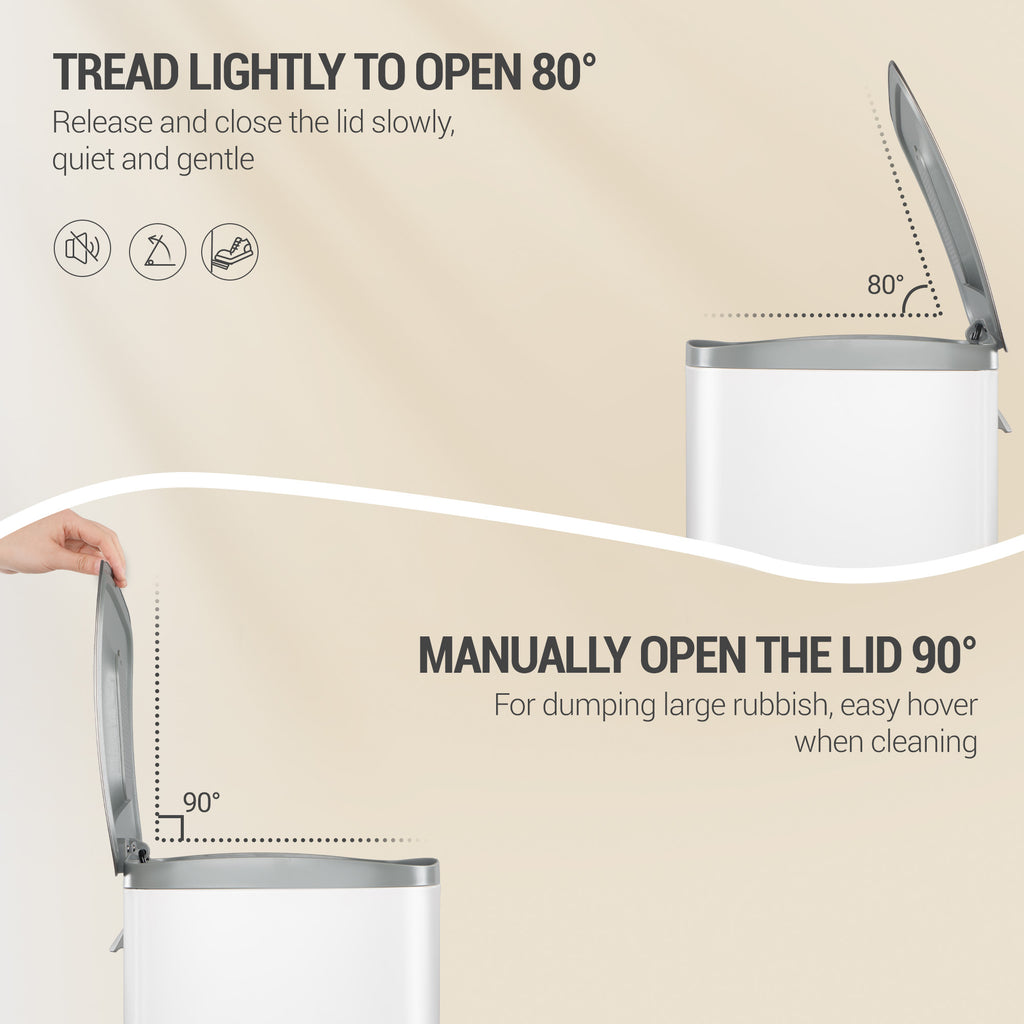 Hzuaneri Kitchen Bin 50 L, Pedal Bin with Soft-Close Lid, Stainless Steel Rubbish Bin with Handle, Removable Inner Buckets, 15 Inner Buckets, White SW15099W