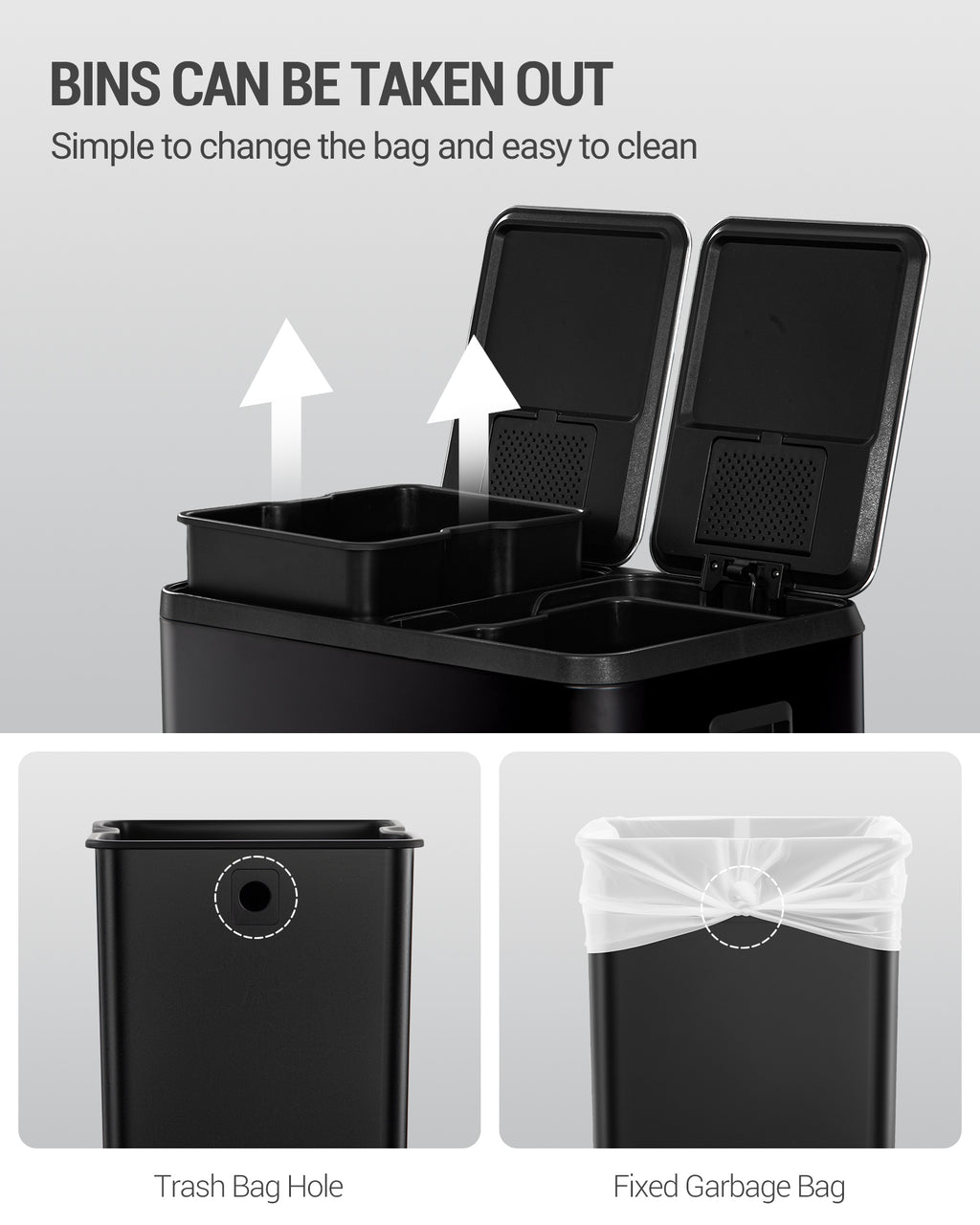 Hzuaneri Kitchen Rubbish Bin, Waste Separation System, 2 Compartments, 60 L (2 x 30 L), Stainless Steel Kitchen Rubbish Bin, Pedal Bin with Colour-Coded Pedals, Rubbish Bin, Quiet Slow Descent, Black SW23099B