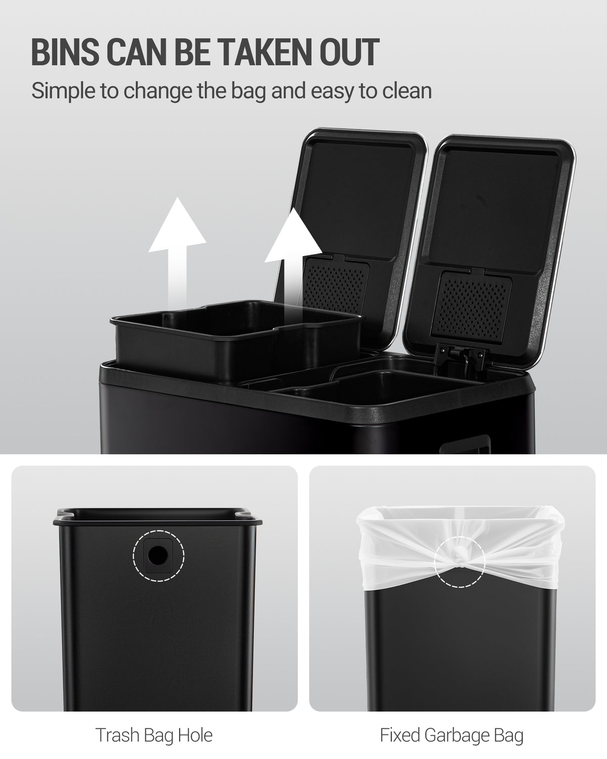 Hzuaneri Kitchen Rubbish Bin, Waste Separation System, 2 Compartments, 60 L (2 x 30 L), Stainless Steel Kitchen Rubbish Bin, Pedal Bin with Colour-Coded Pedals, Rubbish Bin, Quiet Slow Descent, Black SW23099B