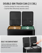 Hzuaneri Kitchen Rubbish Bin, Waste Separation System, 2 Compartments, 60 L (2 x 30 L), Stainless Steel Kitchen Rubbish Bin, Pedal Bin with Colour-Coded Pedals, Rubbish Bin, Quiet Slow Descent, Black SW23099B