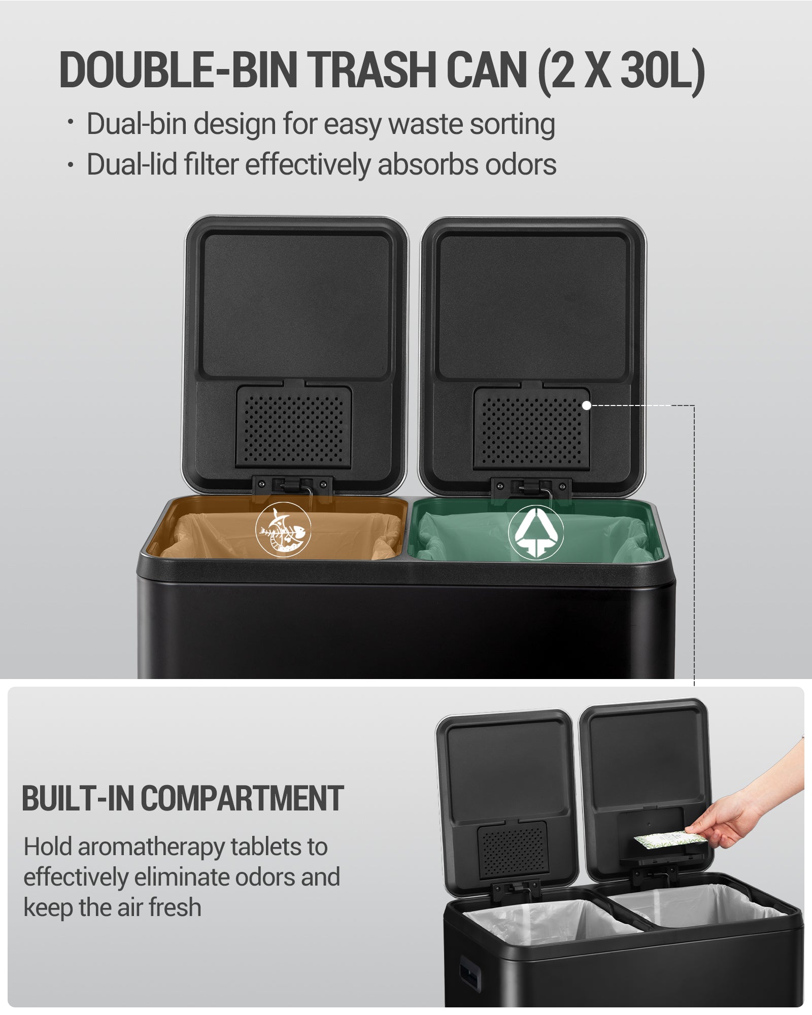 Hzuaneri Kitchen Rubbish Bin, Waste Separation System, 2 Compartments, 60 L (2 x 30 L), Stainless Steel Kitchen Rubbish Bin, Pedal Bin with Colour-Coded Pedals, Rubbish Bin, Quiet Slow Descent, Black SW23099B