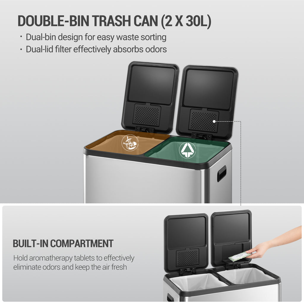 Hzuaneri Kitchen Rubbish Bin, Waste Separation System, 2 Compartments, 60 L (2 x 30 L), Stainless Steel Kitchen Rubbish Bin, Pedal Bin with Colour-Coded Pedals, Rubbish Bin, Quiet Slow Descent, Silver SW23099E